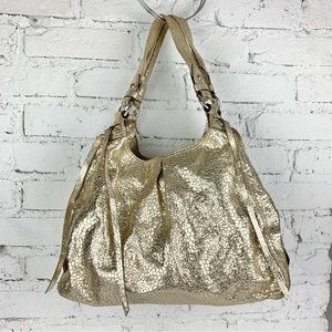Coach Snake Gold Metallic Embossed Leather Reptile Triple Entry Satchel Purse